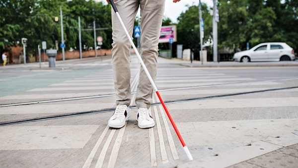 When driving near a blind pedestrian who is carrying a white cane or using a guide dog, you should: