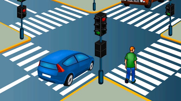 You are waiting at a red light to turn right, and a pedestrian on your right is waiting to cross the street you want to enter. Who has the right-of-way when your light turns green?